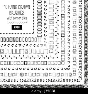 Set of Vector Doodle Pattern Brushes. Hand Drawn Ink Frames or Borders. Brushes are Included in EPS Stock Vector