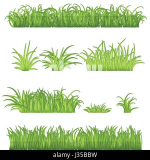Spring Green Grass Borders Set. 3d Vector Illustrations Isolated on White Stock Vector