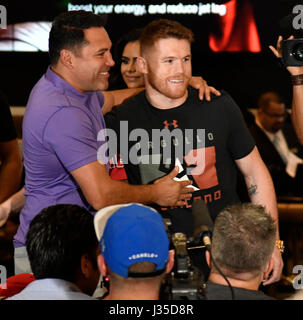 Las Vegas NV, USA. 2nd May, 2017. Mexico's Canelo Alvarez arrives at talks about the big fight at the MGM grand hotel Tuesday. Canelo Alvarez will be fighting Mexico's Chavez, Jr. May 6th at the T-Mobile arena in Las Vegas. Photo by Gene Blevins/LA DailyNews/LA DailyNews/SCNG Credit: Gene Blevins/ZUMA Wire/Alamy Live News