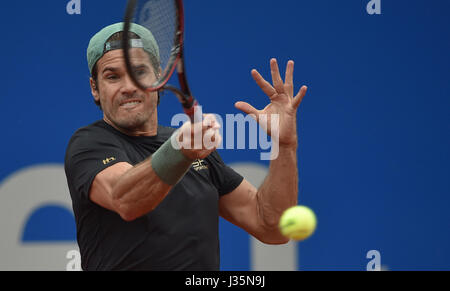 Munich, Germany. 03rd May, 2017. Tommy Haas from Germany plays against his countryman, Struff, during their men's singles tennis match at the ATP Tour in Munich, Germany, 03 May 2017. Photo: Angelika Warmuth//dpa/Alamy Live News Stock Photo