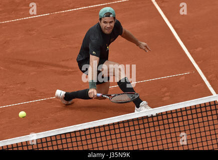 Munich, Germany. 03rd May, 2017. Tommy Haas from Germany plays against his countryman, Struff, during their men's singles tennis match at the ATP Tour in Munich, Germany, 03 May 2017. Photo: Angelika Warmuth//dpa/Alamy Live News Stock Photo