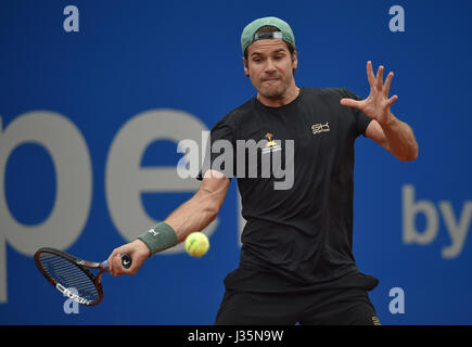 Munich, Germany. 03rd May, 2017. Tommy Haas from Germany plays against his countryman, Struff, during their men's singles tennis match at the ATP Tour in Munich, Germany, 03 May 2017. Photo: Angelika Warmuth//dpa/Alamy Live News Stock Photo
