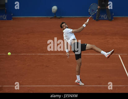 Munich, Germany. 03rd May, 2017. Jeremy Chardy from France plays against Germany's Zverev during their men's singles tennis match at the ATP Tour in Munich, Germany, 03 May 2017. Photo: Angelika Warmuth//dpa/Alamy Live News Stock Photo