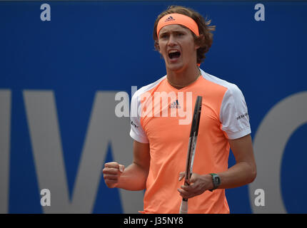 Munich, Germany. 03rd May, 2017. Alexander Zverev from Germany plays against France's Chardy during their men's singles tennis match at the ATP Tour in Munich, Germany, 03 May 2017. Photo: Angelika Warmuth//dpa/Alamy Live News Stock Photo