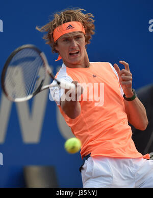 Munich, Germany. 03rd May, 2017. Alexander Zverev from Germany plays against France's Chardy during their men's singles tennis match at the ATP Tour in Munich, Germany, 03 May 2017. Photo: Angelika Warmuth//dpa/Alamy Live News Stock Photo