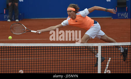 Munich, Germany. 03rd May, 2017. Alexander Zverev from Germany plays against France's Chardy during their men's singles tennis match at the ATP Tour in Munich, Germany, 03 May 2017. Photo: Angelika Warmuth//dpa/Alamy Live News Stock Photo