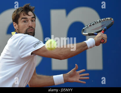 Munich, Germany. 03rd May, 2017. Alexander Zverev from Germany plays against France's Chardy during their men's singles tennis match at the ATP Tour in Munich, Germany, 03 May 2017. Photo: Angelika Warmuth//dpa/Alamy Live News Stock Photo