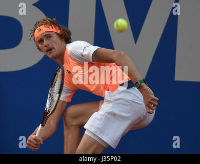 Munich, Germany. 03rd May, 2017. Alexander Zverev from Germany plays against France's Chardy during their men's singles tennis match at the ATP Tour in Munich, Germany, 03 May 2017. Photo: Angelika Warmuth//dpa/Alamy Live News Stock Photo