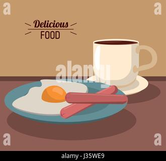 delicious food breakfast with fries egg sausages and coffee cup Stock Vector