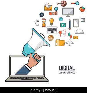 hand holding speaker digital marketing laptop online technology web promotion Stock Vector