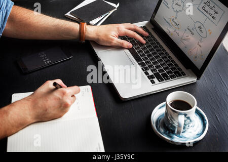 Man Hand Writing Startup Business Note from Laptop Stock Photo
