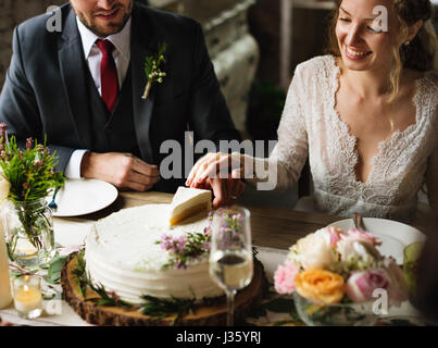 Bride and Groom Cutting Cake on Wedding Reception Stock Photo