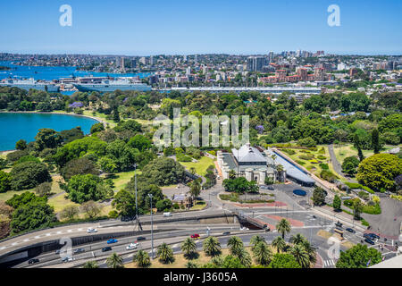 Australia, New South Wales, Sydney, aerial view of the Macquarie Precinct of the Royal Botanic Gardens, the Sydney Conservatorium of Music and the Cah Stock Photo