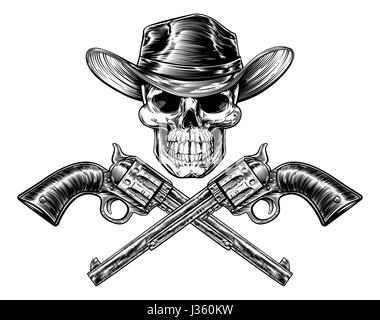 Cowboy skull in a western hat and a pair of crossed gun revolver Stock ...
