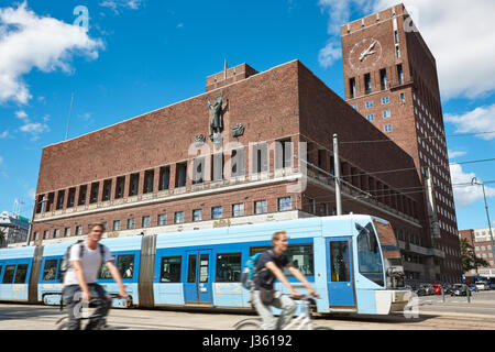 Oslo city center with town hall, tramway and bikes. Norway. Horizontal Stock Photo