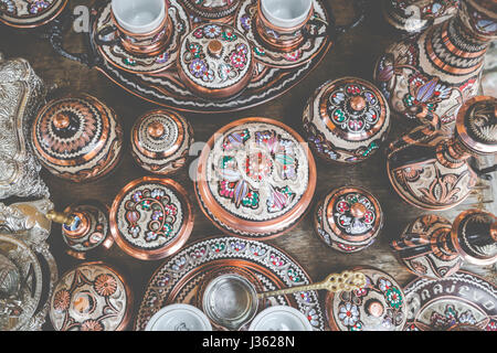 Traditional handcrafted copper coffee pots in souvenir shops in Sarajevo. Bosnia and Herzegovina.