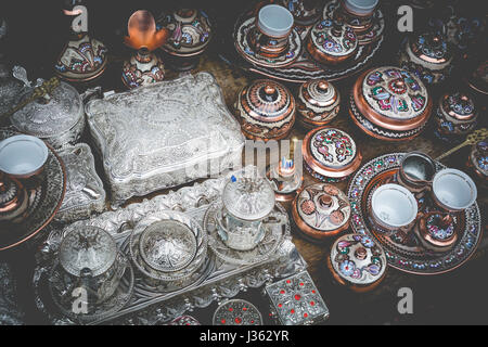 Traditional handcrafted copper coffee pots in souvenir shops in Sarajevo. Bosnia and Herzegovina.