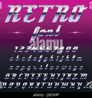 Chrome shiny retro, vintage font, typeface, mado of metal or steel Stock Vector