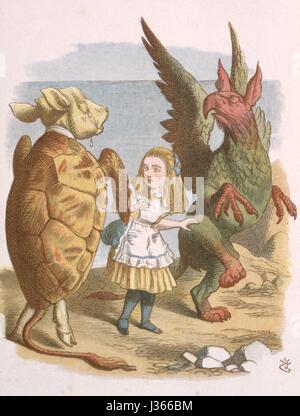 Illustration by Sir John Tenniel, watercolour by Gertrude Thomson  The Nursery Alice (Alice in Wonderland), by Lewis Carroll  London, MacMilllan, 1889.    Alice inbetween the Gryphon and the Mock Turtle. The Nursery Alice was an abridged version of Alice in Wonderland for children aged between 0 and 5 years. Stock Photo
