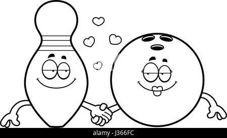 A cartoon illustration of a bowling ball and pin holding hands. Stock Vector