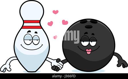 A cartoon illustration of a bowling ball and pin holding hands. Stock Vector