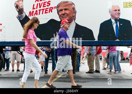 Trump supporters wait in line for hours ahead of the April 29, 2017 rally of President Trump in Harrisburg, PA. The “Make America Great Again” event i Stock Photo