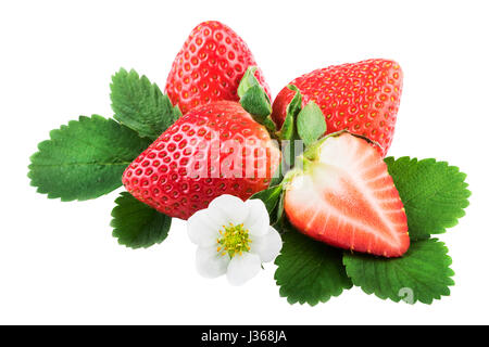 Isolated strawberries with leaves. Whole and half strawberry on white with clipping path Stock Photo