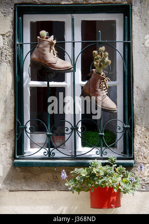 Front doors of two adjoining houses, numbers 164 & 166, one red one green, with a small window between them with two boots acting as planters. Stock Photo