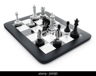 Black and white chess pieces standing on tablet computer. 3D illustration. Stock Photo