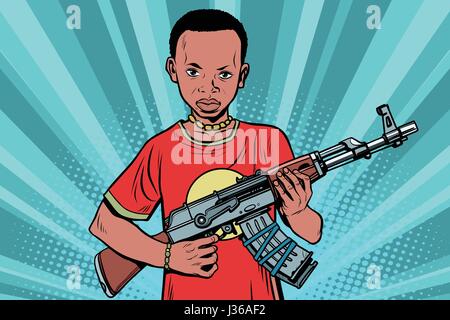 African boy with AKM automatic weapons. Comic cartoon style pop art vector retro illustration Stock Vector