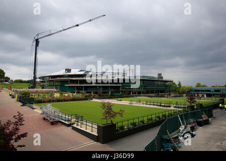 A view looking towards the development being undertaken on number one court during the Wimbledon Spring Press Conference at the All England Lawn Tennis and Croquet Club, London. Stock Photo