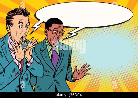 two businessmen shocked, multi-ethnic group. Pop art retro vector illustration Stock Vector