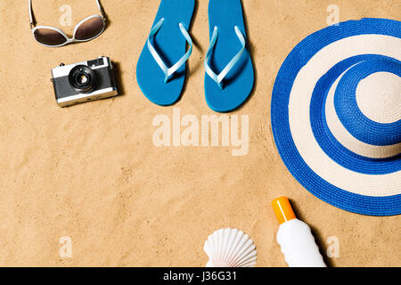 Summer vacation composition. Flip flops, hat and other stuff Stock Photo