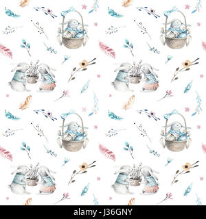 Cute baby rabbit animal seamless pattern, forest illustration for children clothing. Woodland watercolor Hand drawn boho image for cases design, nursery posters Stock Photo