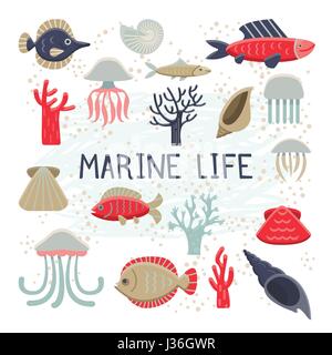 Marine Life Vector Illustrations Set. Isolated on white Stock Vector