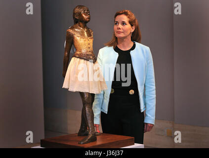 Former Principal dancer at The Royal Ballet and Strictly Come Dancing judge Darcey Bussell comes face-to-face with Edgar Degas's sculpture, Little Dancer Aged Fourteen, at a reception organised by the Royal Academy of Dance, of which Bussell is President, at Stair Sainty gallery, Mayfair. Stock Photo