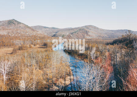 a moutain landscape with a river ,lake in forest in Inner Mongolia Hulunbeier Stock Photo