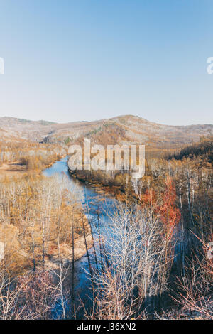 a moutain landscape with a river ,lake in forest in Inner Mongolia Hulunbeier Stock Photo