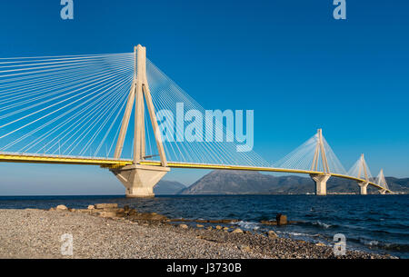 The Rio - Antirrio bridge, near Patras, linking the Peloponnese with mainland Greece across the Gulf of Korinth. Stock Photo
