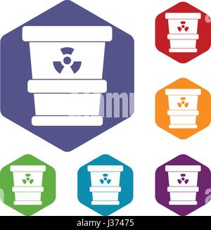 Trashcan containing radioactive waste icons set Stock Vector