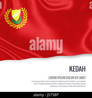 Kedah flag. Flag of Malaysian state Kedah waving on an isolated white background. State name and the text area for your message. 3D illustration. Stock Photo