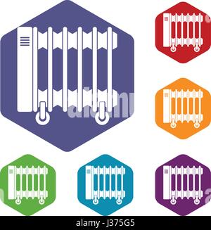 Oil electric heater on wheels icons set hexagon Stock Vector
