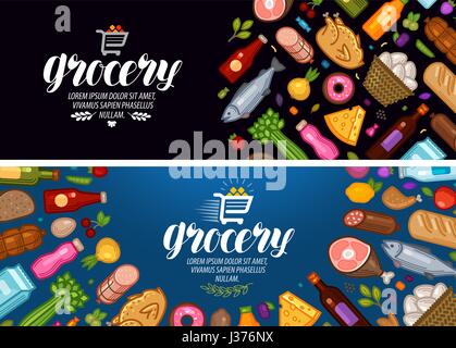 Grocery store, banner. Food and drinks label. Vector illustration Stock Vector