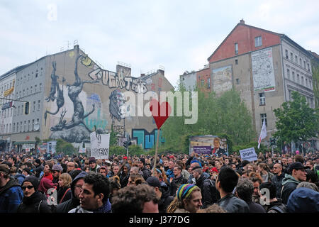 Many people , crowded street during labor day / may day in Berlin, Kreuzberg. 1.Mai in Berlin. Stock Photo