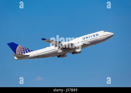 Frankfurt, Germany - March 30, 2017: United Airlines Boeing 747-451 after take off at the Frankfurt international airport Stock Photo