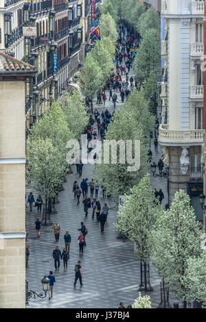 Madrid, Spain. March 21, 2017. People enjoying blooming cherry trees from Plaza de Isabel II along Arenal street (Calle del Arenal) to Puerta del Sol  Stock Photo