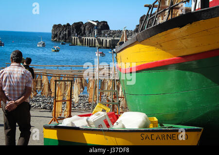 These colourful boats are used for fishing for catfish or cod on Madeira Island, Portugal. Stock Photo