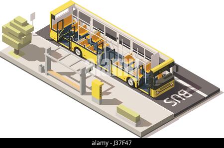 Vector isometric low poly bus near the bus stop Stock Vector