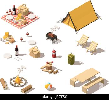 Vector isometric low poly camping equipment Stock Vector