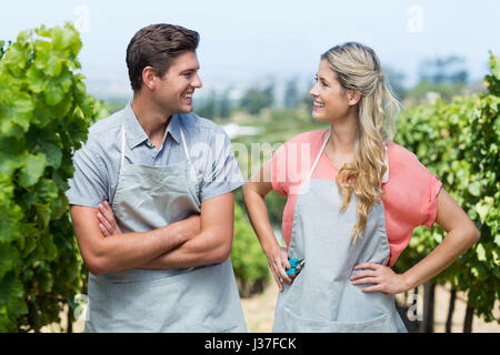 Happy couple looking at each other while standing in vineyard Stock Photo